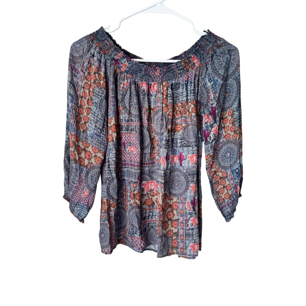 Desigual Womens Blue Patchwork Mandala Elephant Off Shoulder Blouse 21SWBW63 M